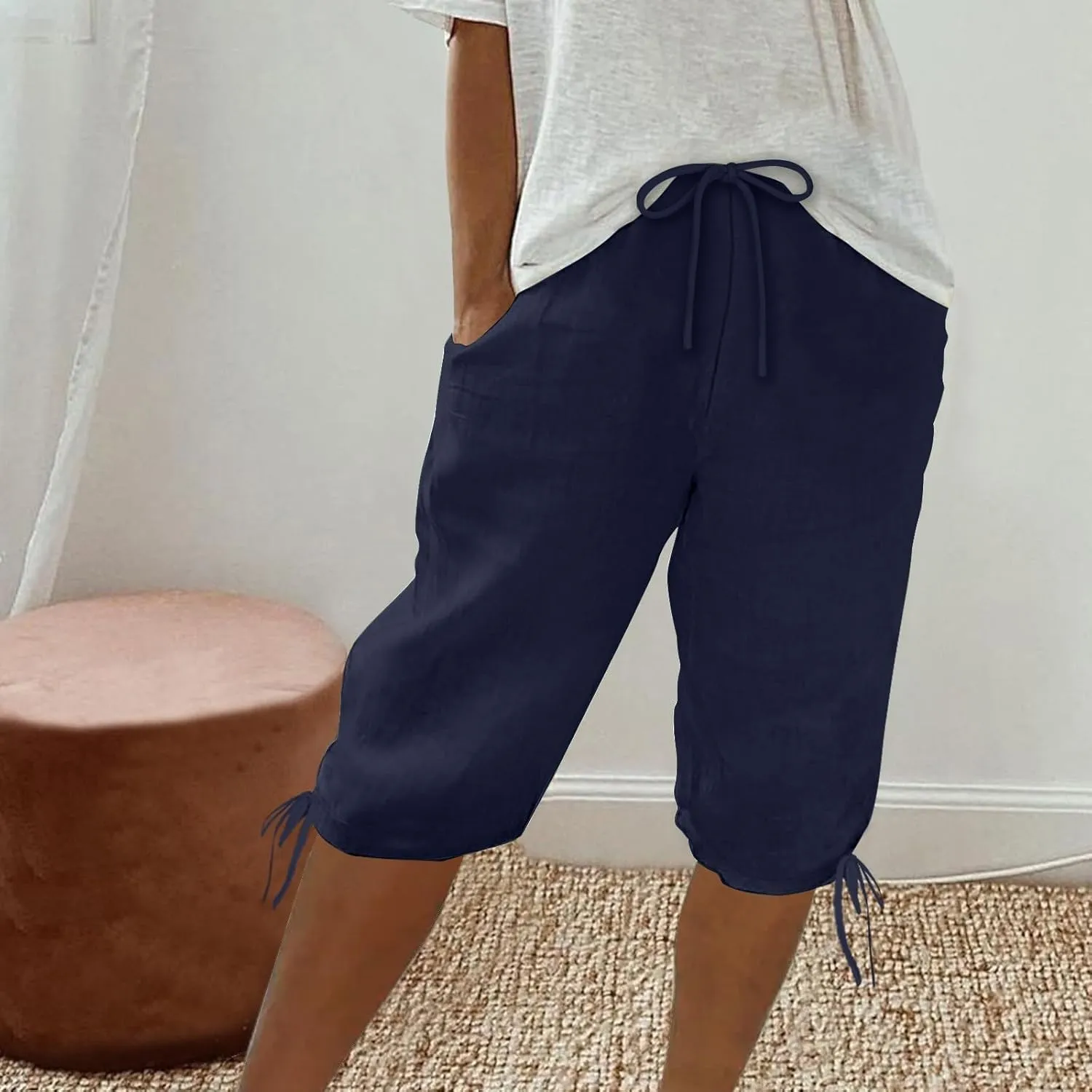 hlysgo Bermuda Shorts for Women High Waisted Drawstring Cotton Linen Casual Shorts Summer Knee Length Shorts with Pockets