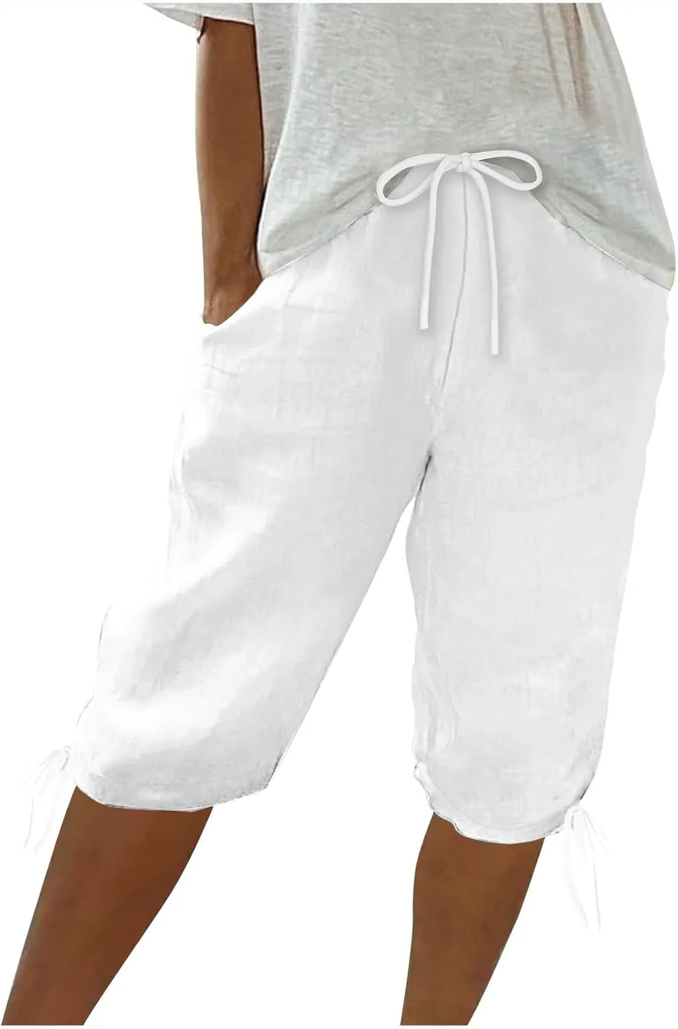 hlysgo Bermuda Shorts for Women High Waisted Drawstring Cotton Linen Casual Shorts Summer Knee Length Shorts with Pockets