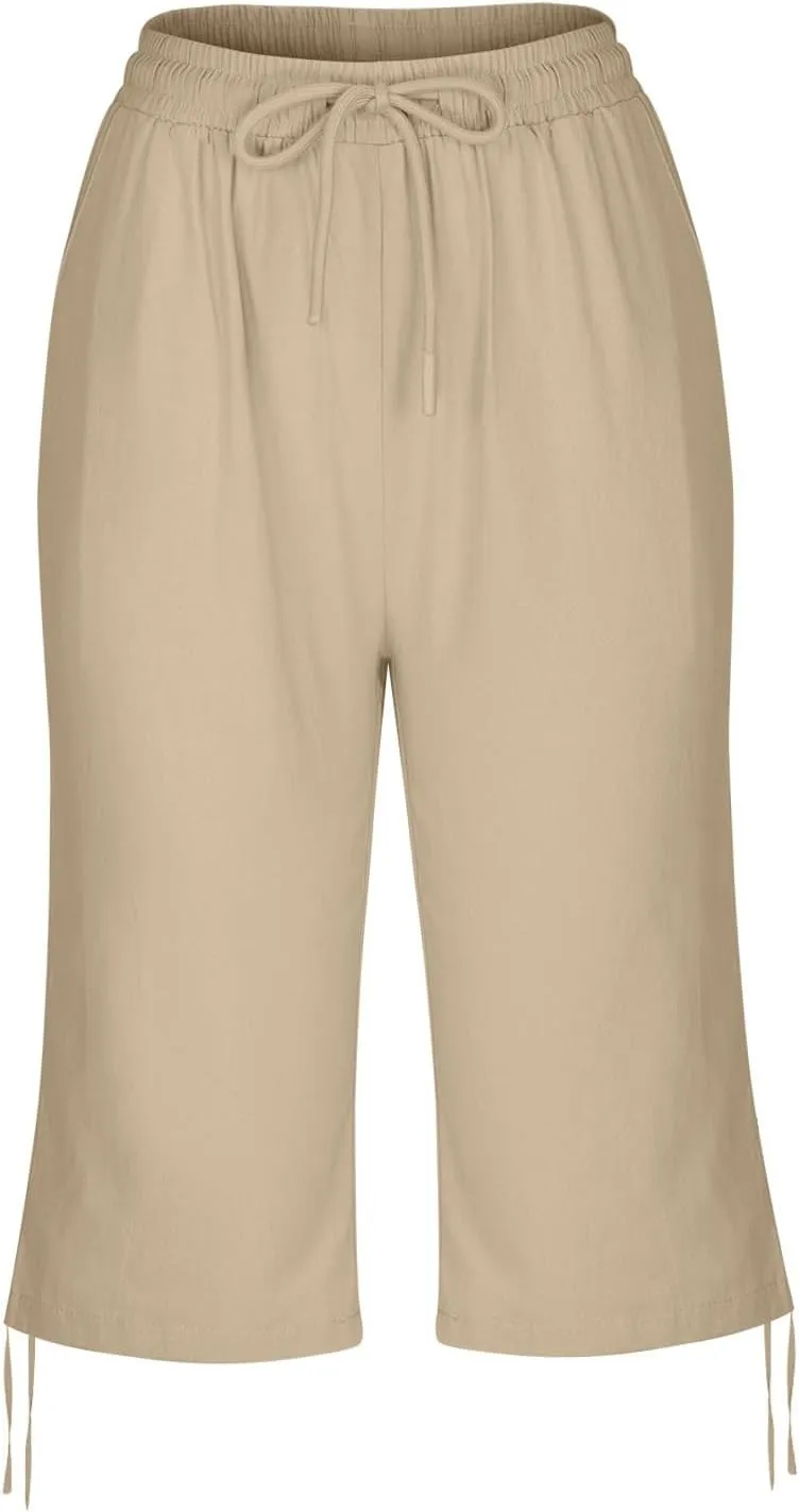 hlysgo Bermuda Shorts for Women High Waisted Drawstring Cotton Linen Casual Shorts Summer Knee Length Shorts with Pockets