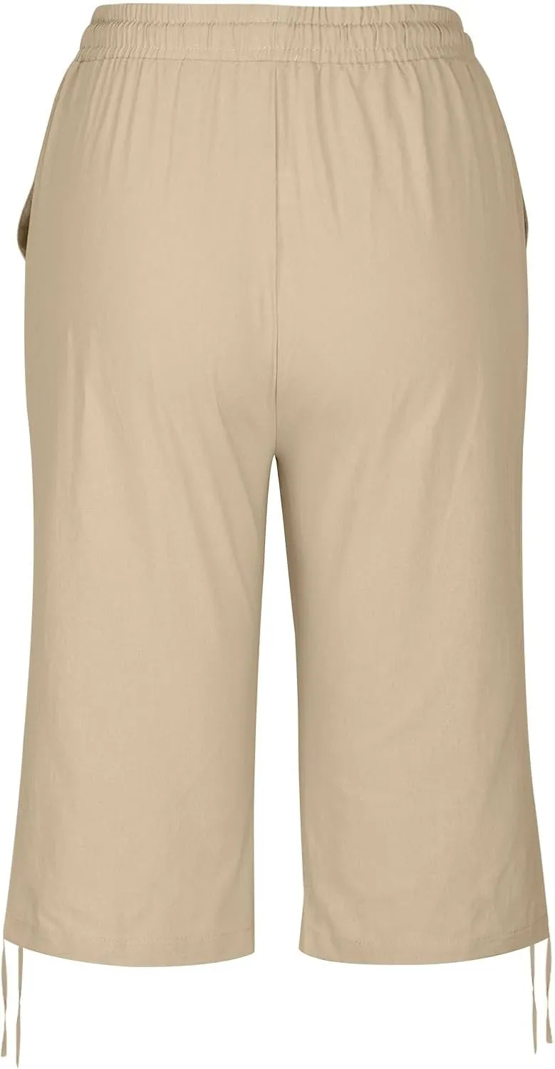 hlysgo Bermuda Shorts for Women High Waisted Drawstring Cotton Linen Casual Shorts Summer Knee Length Shorts with Pockets