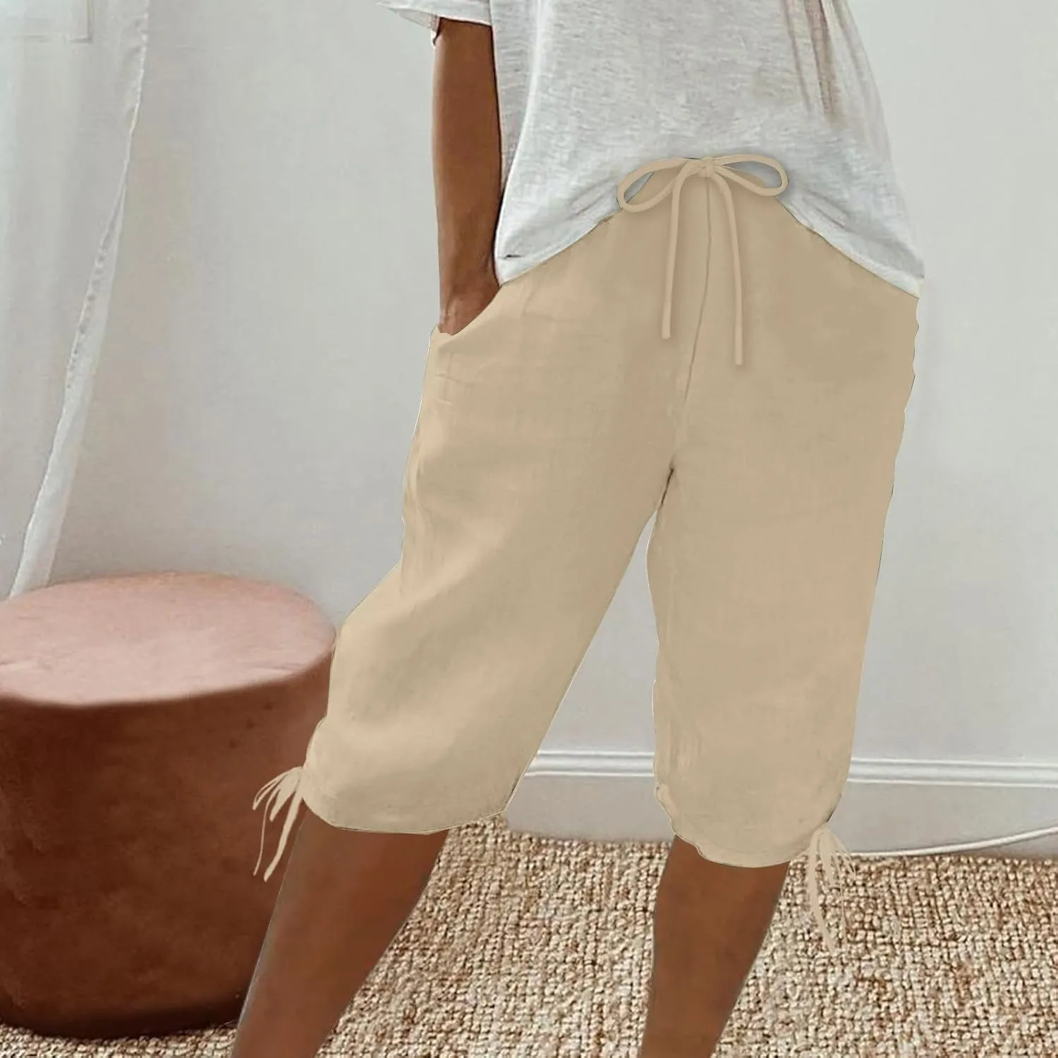 hlysgo Bermuda Shorts for Women High Waisted Drawstring Cotton Linen Casual Shorts Summer Knee Length Shorts with Pockets