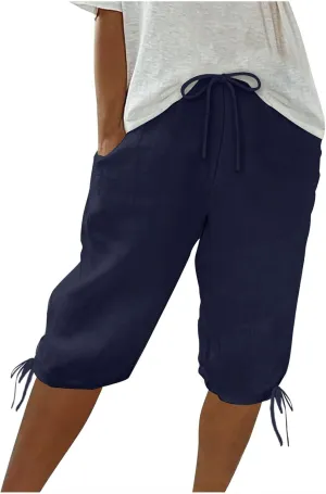 hlysgo Bermuda Shorts for Women High Waisted Drawstring Cotton Linen Casual Shorts Summer Knee Length Shorts with Pockets