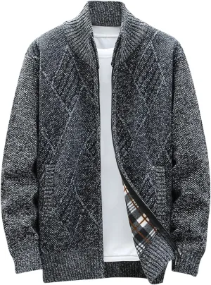 hlysgo Men's Cardigan Sweaters Casual Slim Fit Full Zip Sweaters Cable Knitted Jacket Outwear with Soft Flannel Lining