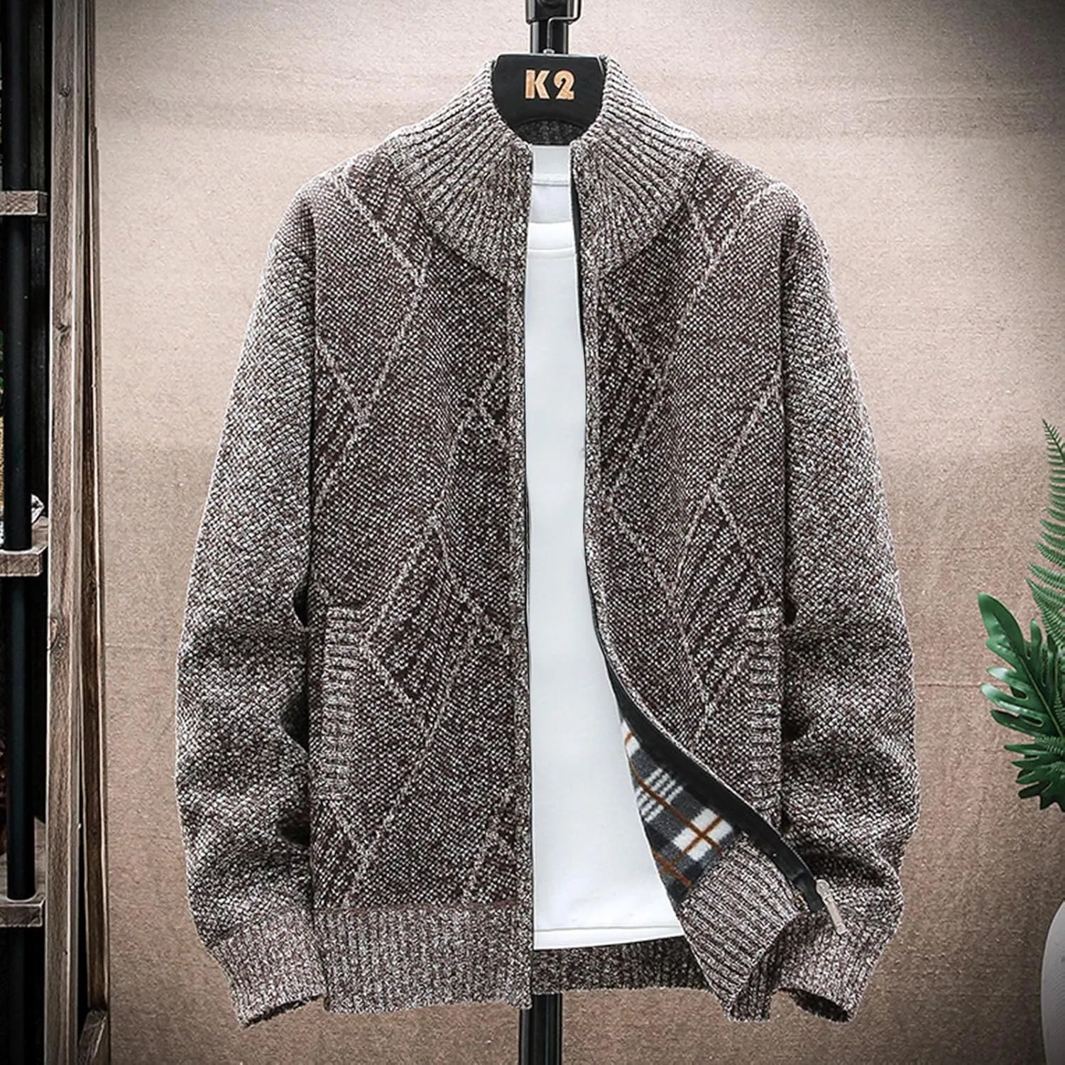 hlysgo Men's Cardigan Sweaters Casual Slim Fit Full Zip Sweaters Cable Knitted Jacket Outwear with Soft Flannel Lining