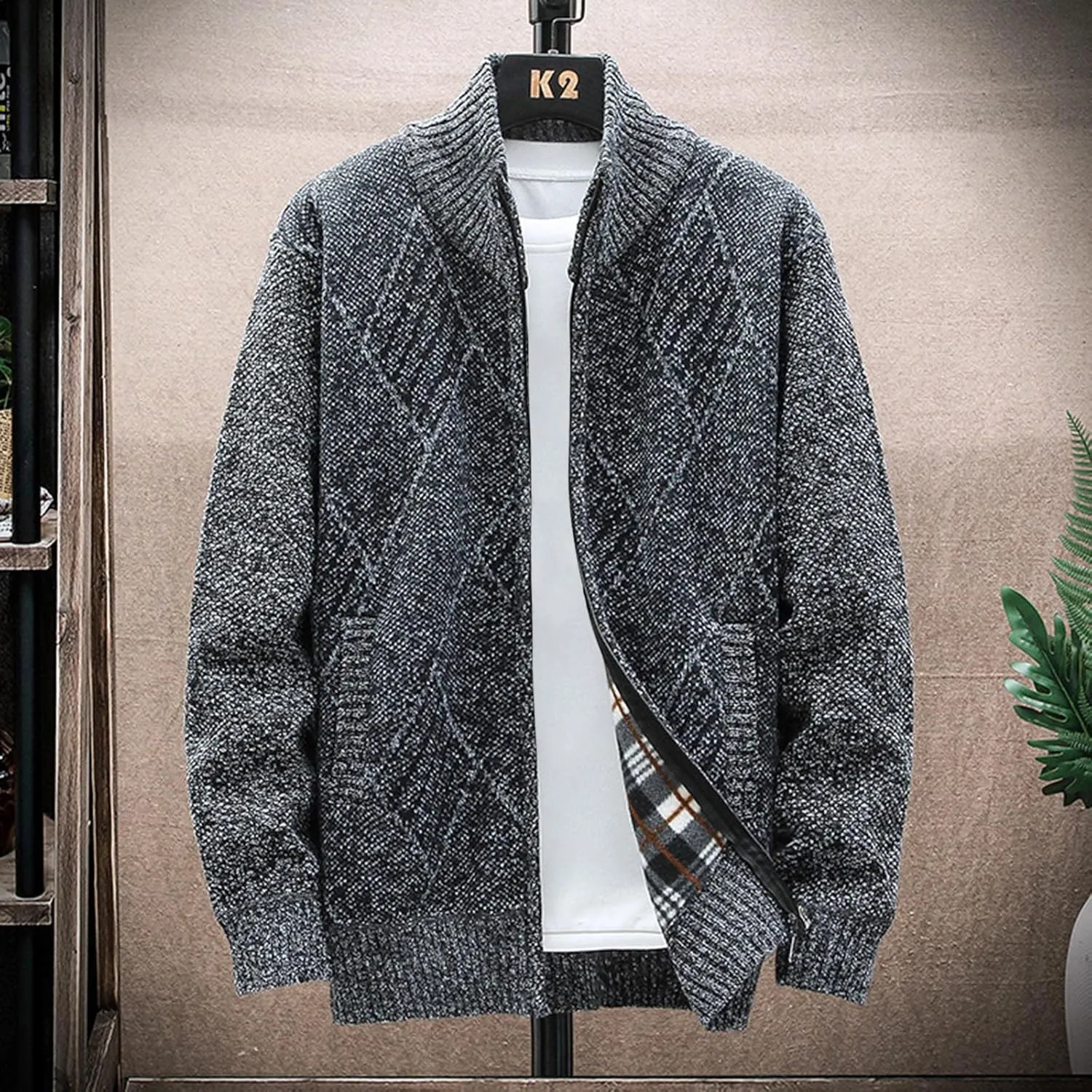 hlysgo Men's Cardigan Sweaters Casual Slim Fit Full Zip Sweaters Cable Knitted Jacket Outwear with Soft Flannel Lining