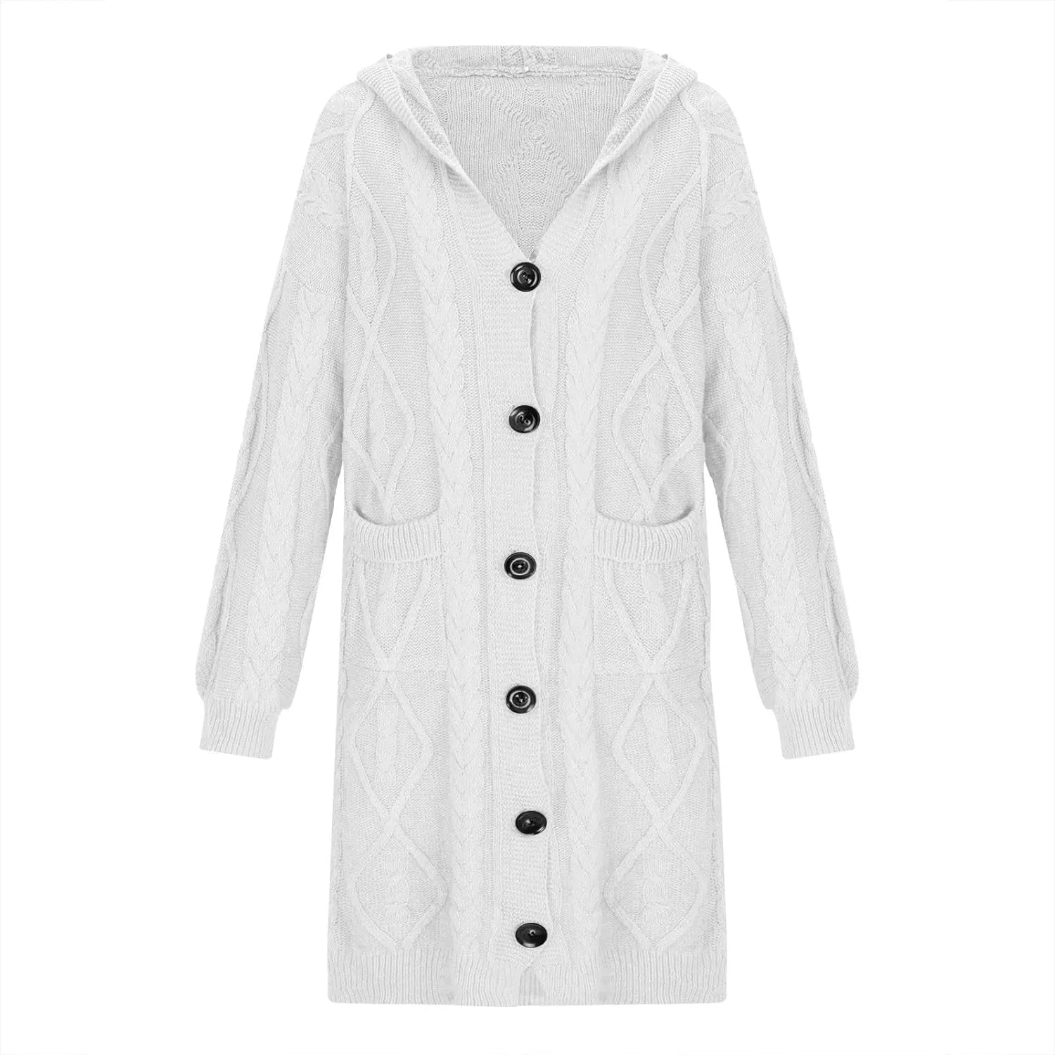 Hooded Cardigan Sweater for Women Fall Winter Cable Knit Sweater Coat Button Down Chunky Long Coats with Pocket