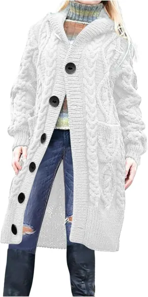 Hooded Cardigan Sweater for Women Fall Winter Cable Knit Sweater Coat Button Down Chunky Long Coats with Pocket