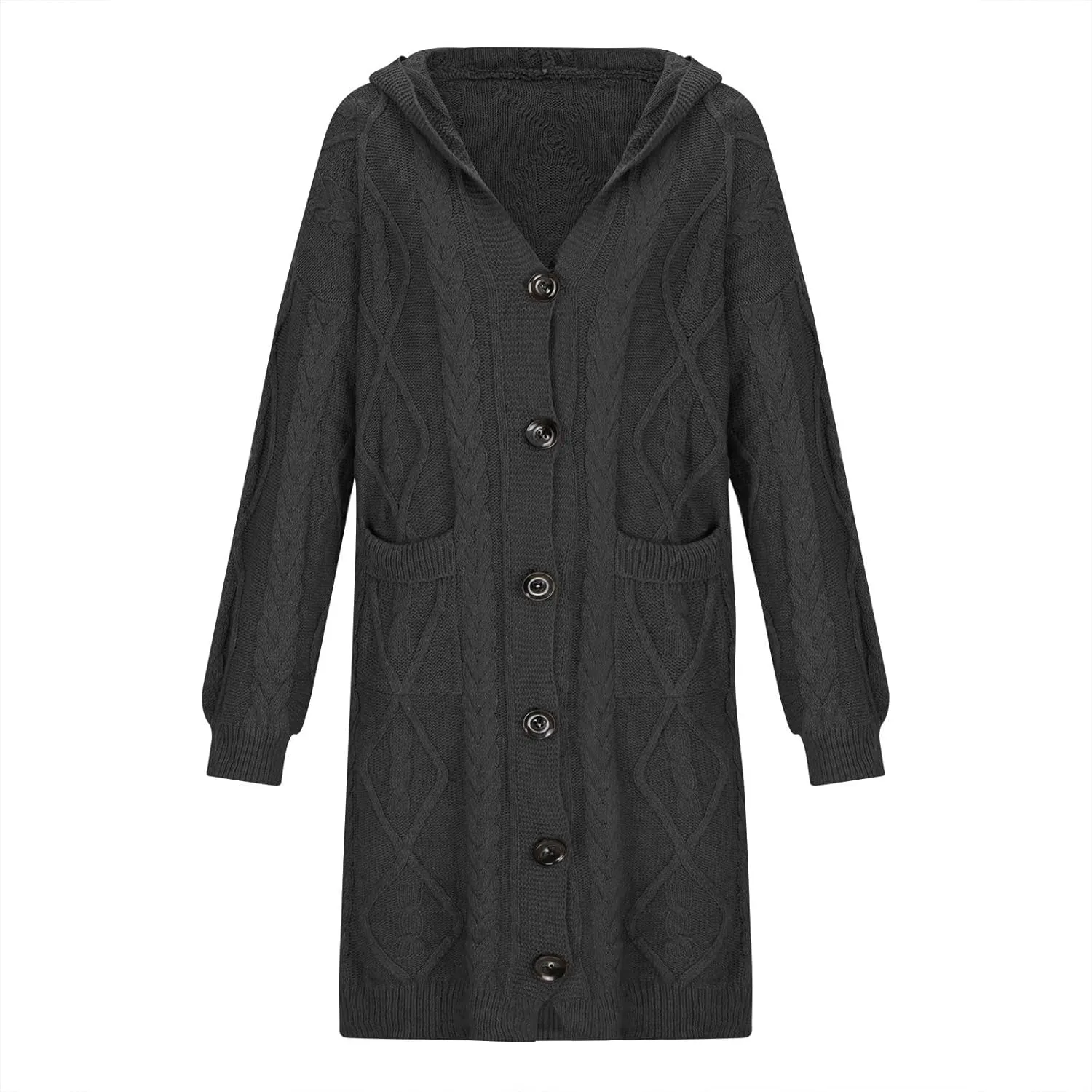 Hooded Cardigan Sweater for Women Fall Winter Cable Knit Sweater Coat Button Down Chunky Long Coats with Pocket