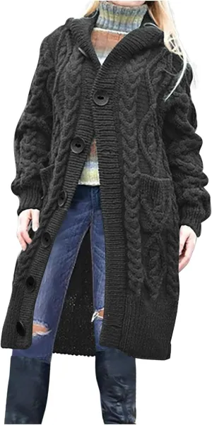 Hooded Cardigan Sweater for Women Fall Winter Cable Knit Sweater Coat Button Down Chunky Long Coats with Pocket