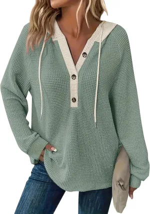 Hoodies For Women Casual Long Sleeve Shirts Oversized Drawstring Sweatshirts Button V-Neck Tunic Tops