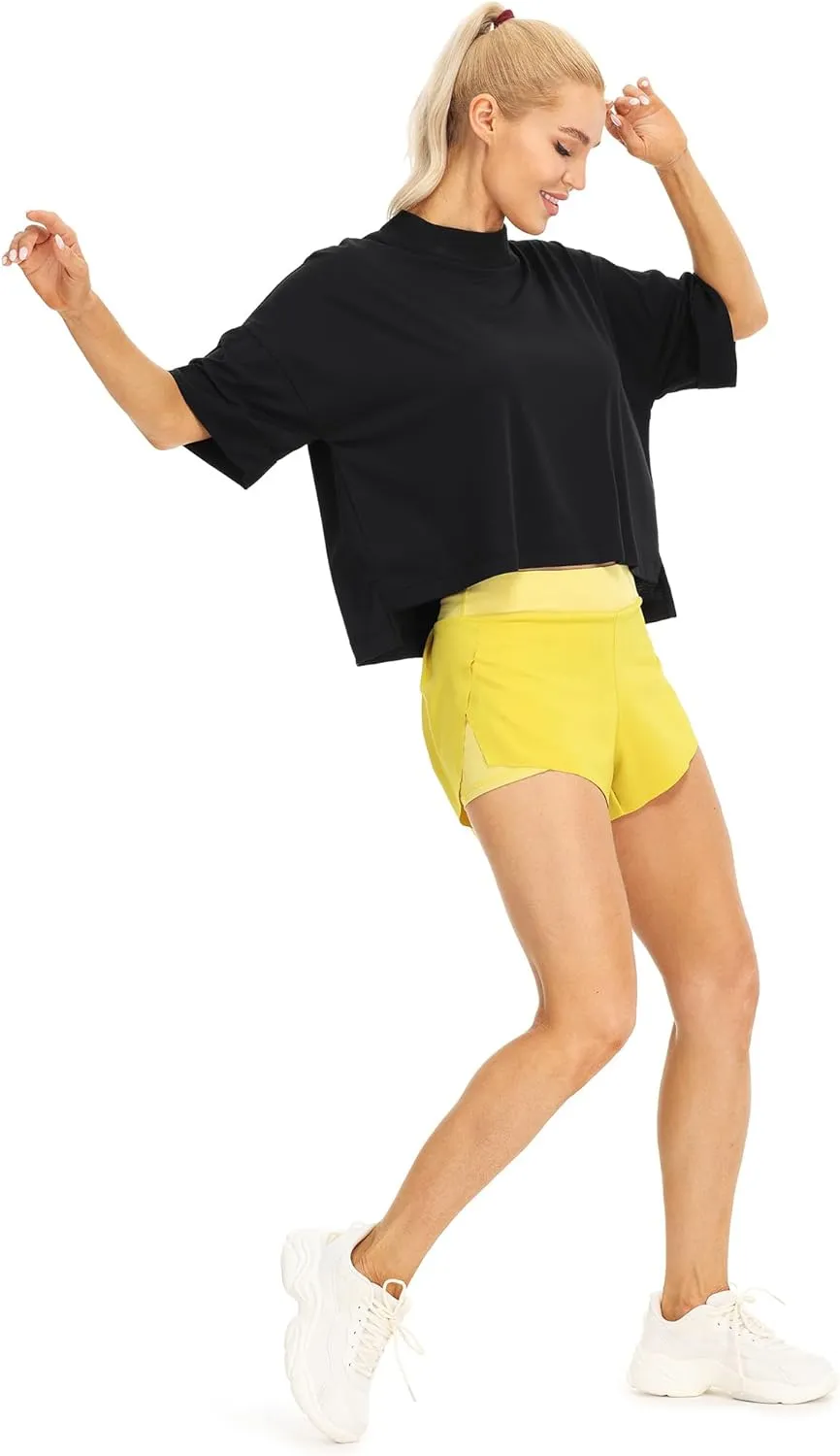 icyzone Women's Oversized Cropped Crewneck Short-Sleeve Workout Athletic T-Shirts