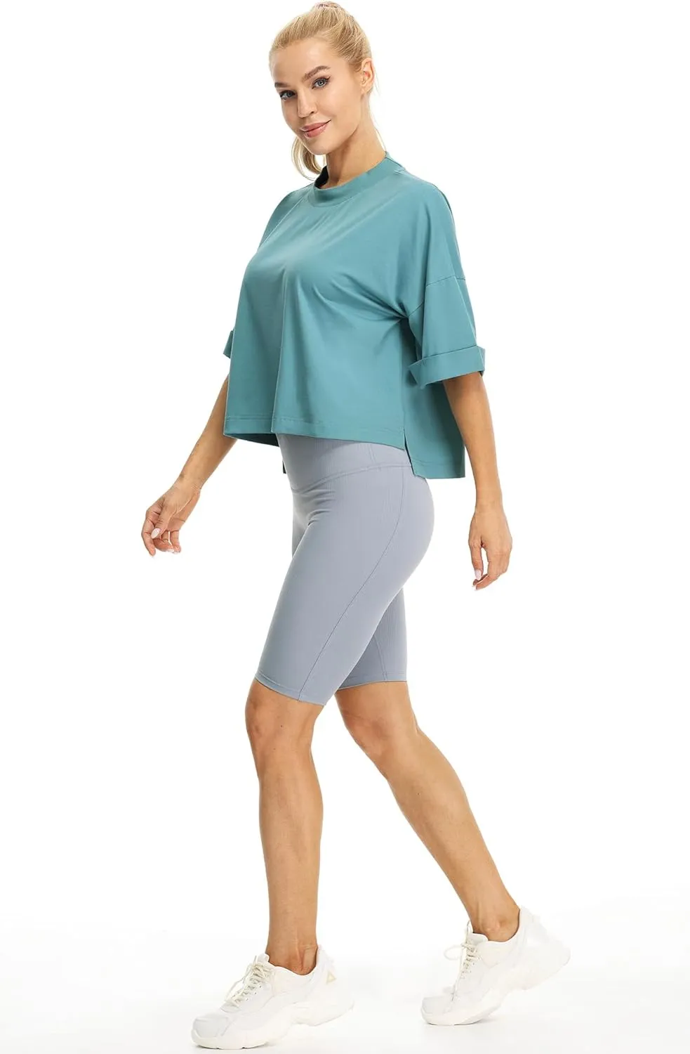 icyzone Women's Oversized Cropped Crewneck Short-Sleeve Workout Athletic T-Shirts