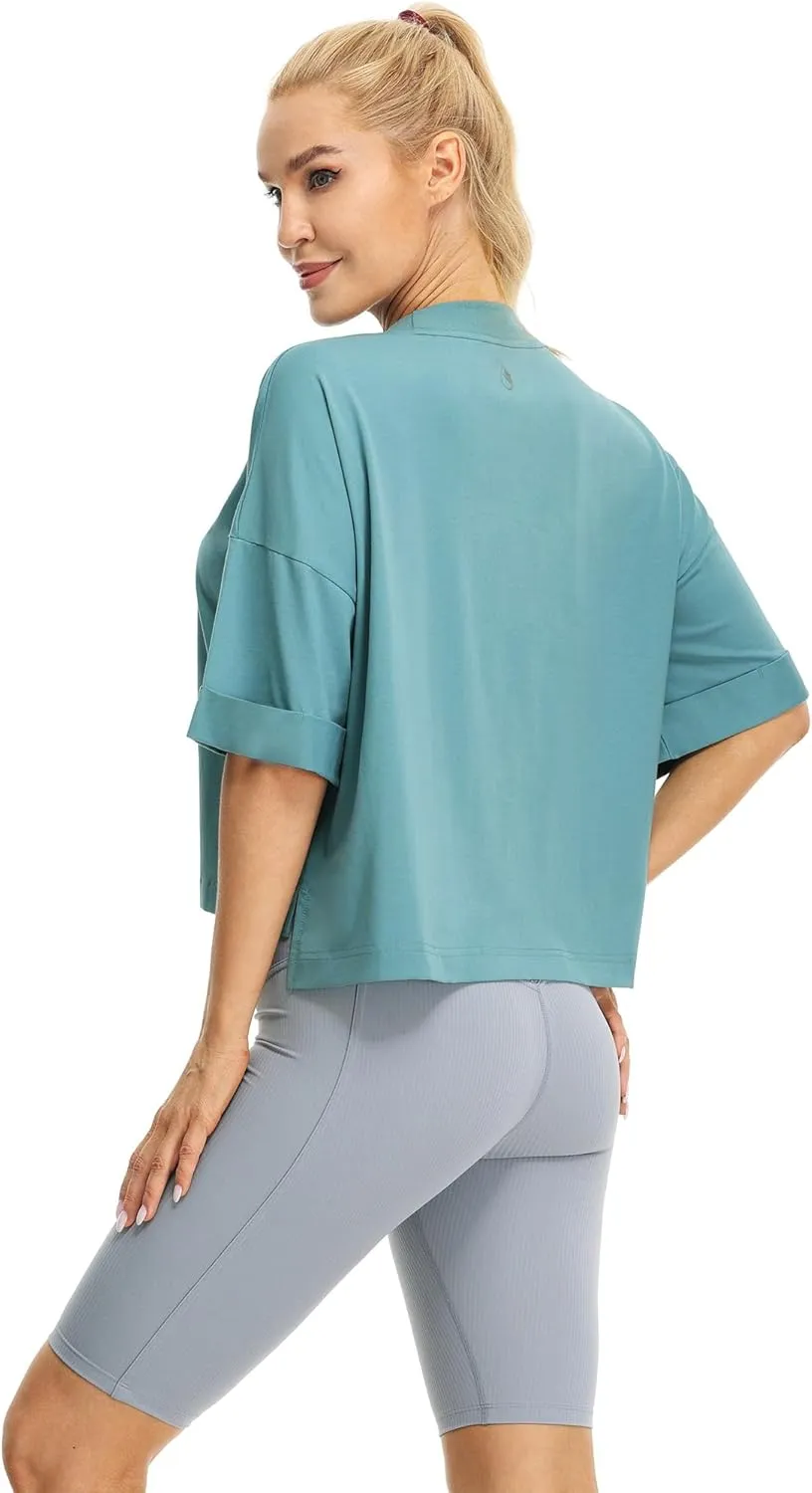 icyzone Women's Oversized Cropped Crewneck Short-Sleeve Workout Athletic T-Shirts
