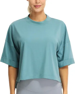 icyzone Women's Oversized Cropped Crewneck Short-Sleeve Workout Athletic T-Shirts