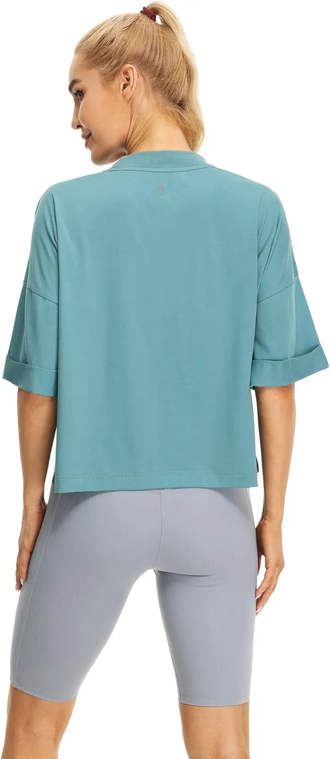 icyzone Women's Oversized Cropped Crewneck Short-Sleeve Workout Athletic T-Shirts