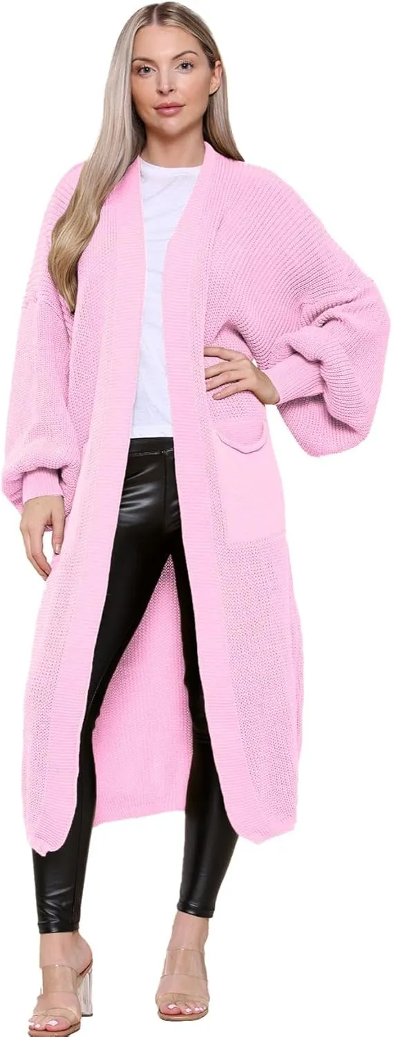 Janisramone Womens Knitted Chunky Cardigan, Open Front Balloon Sleeve Maxi Cardigan, Long Jumpers, Warm Coatigan Sweaters Baby Pink