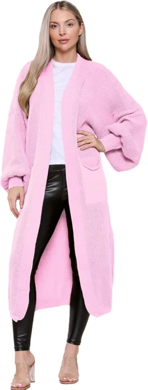Janisramone Womens Knitted Chunky Cardigan, Open Front Balloon Sleeve Maxi Cardigan, Long Jumpers, Warm Coatigan Sweaters Baby Pink