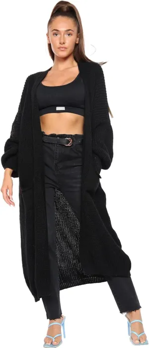 Janisramone Womens Knitted Chunky Cardigan, Open Front Balloon Sleeve Maxi Cardigan, Long Jumpers, Warm Coatigan Sweaters Black