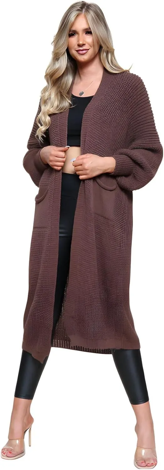 Janisramone Womens Knitted Chunky Cardigan, Open Front Balloon Sleeve Maxi Cardigan, Long Jumpers, Warm Coatigan Sweaters Brown