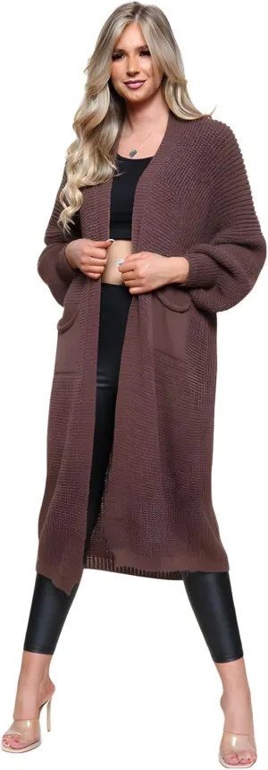 Janisramone Womens Knitted Chunky Cardigan, Open Front Balloon Sleeve Maxi Cardigan, Long Jumpers, Warm Coatigan Sweaters Brown