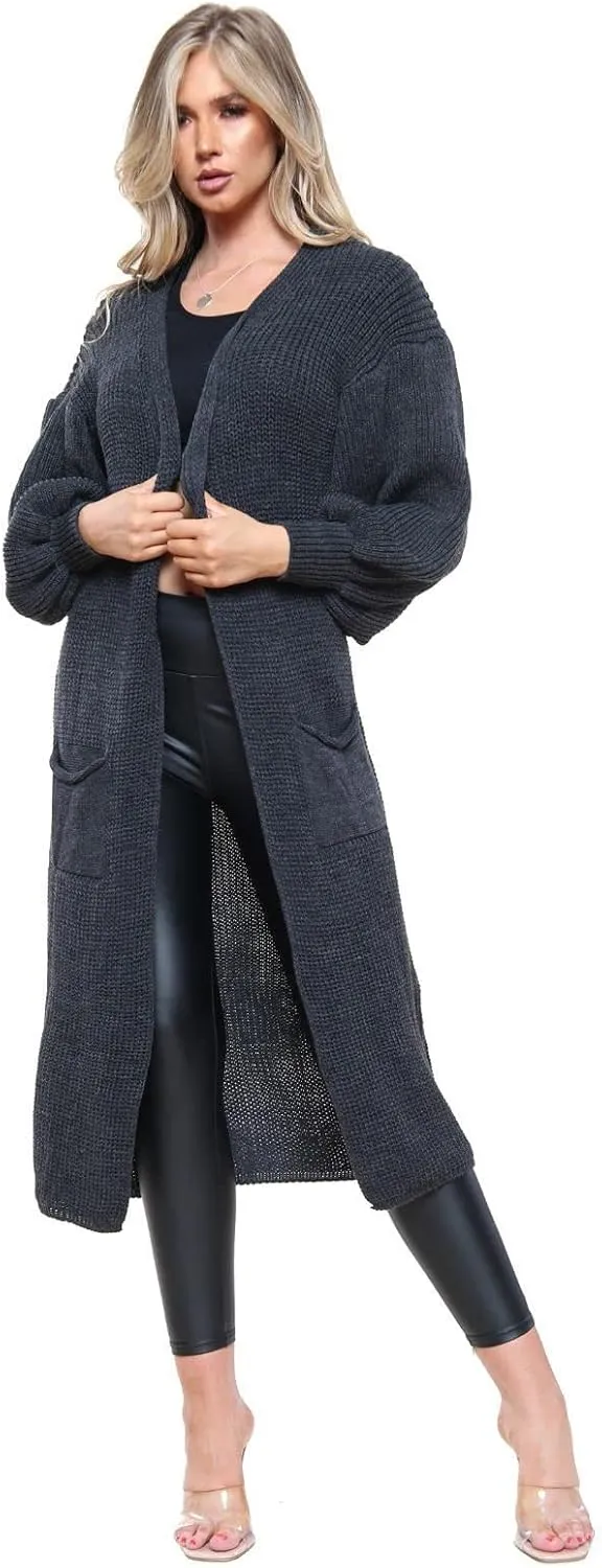 Janisramone Womens Knitted Chunky Cardigan, Open Front Balloon Sleeve Maxi Cardigan, Long Jumpers, Warm Coatigan Sweaters Charcoal