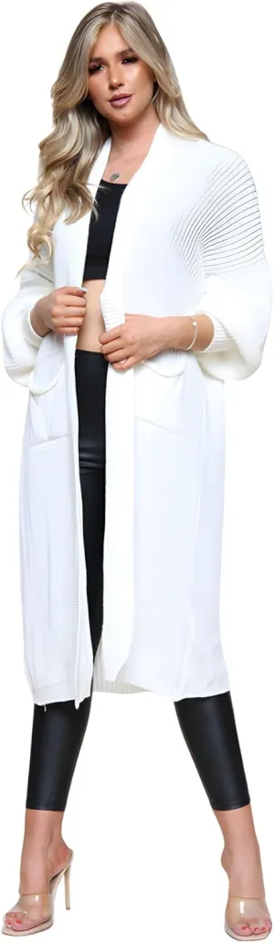 Janisramone Womens Knitted Chunky Cardigan, Open Front Balloon Sleeve Maxi Cardigan, Long Jumpers, Warm Coatigan Sweaters Cream