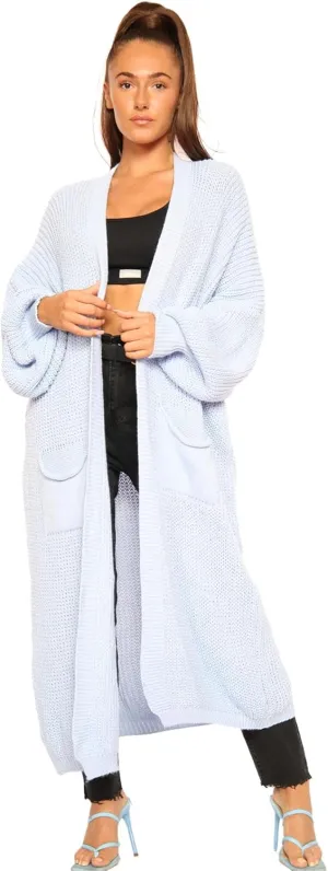 Janisramone Womens Knitted Chunky Cardigan, Open Front Balloon Sleeve Maxi Cardigan, Long Jumpers, Warm Coatigan Sweaters Grey