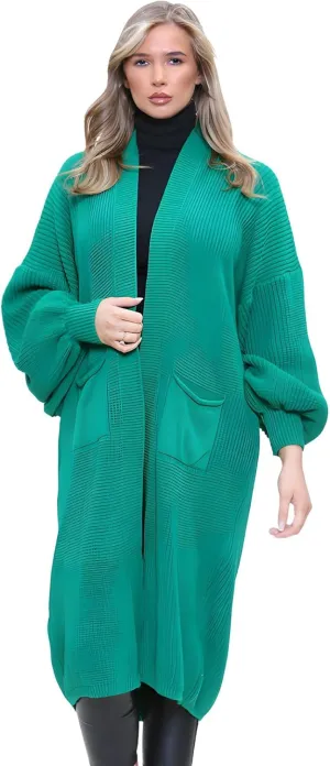Janisramone Womens Knitted Chunky Cardigan, Open Front Balloon Sleeve Maxi Cardigan, Long Jumpers, Warm Coatigan Sweaters Jade Green