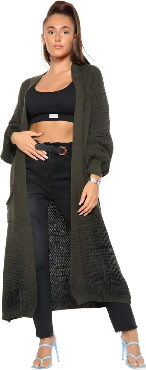 Janisramone Womens Knitted Chunky Cardigan, Open Front Balloon Sleeve Maxi Cardigan, Long Jumpers, Warm Coatigan Sweaters Khaki