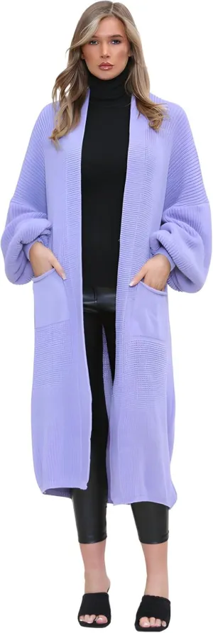 Janisramone Womens Knitted Chunky Cardigan, Open Front Balloon Sleeve Maxi Cardigan, Long Jumpers, Warm Coatigan Sweaters Lilac