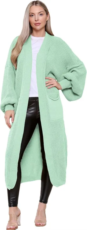 Janisramone Womens Knitted Chunky Cardigan, Open Front Balloon Sleeve Maxi Cardigan, Long Jumpers, Warm Coatigan Sweaters Mint