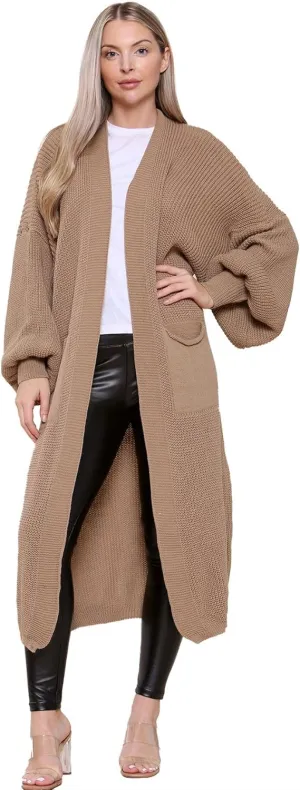Janisramone Womens Knitted Chunky Cardigan, Open Front Balloon Sleeve Maxi Cardigan, Long Jumpers, Warm Coatigan Sweaters Mocha