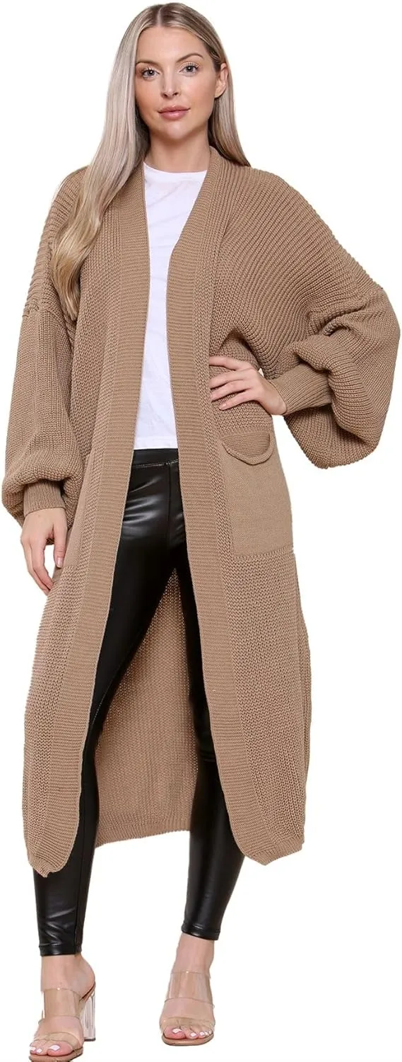 Janisramone Womens Knitted Chunky Cardigan, Open Front Balloon Sleeve Maxi Cardigan, Long Jumpers, Warm Coatigan Sweaters Mocha