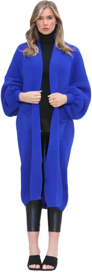 Janisramone Womens Knitted Chunky Cardigan, Open Front Balloon Sleeve Maxi Cardigan, Long Jumpers, Warm Coatigan Sweaters Royal Blue