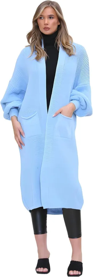 Janisramone Womens Knitted Chunky Cardigan, Open Front Balloon Sleeve Maxi Cardigan, Long Jumpers, Warm Coatigan Sweaters Sky Blue