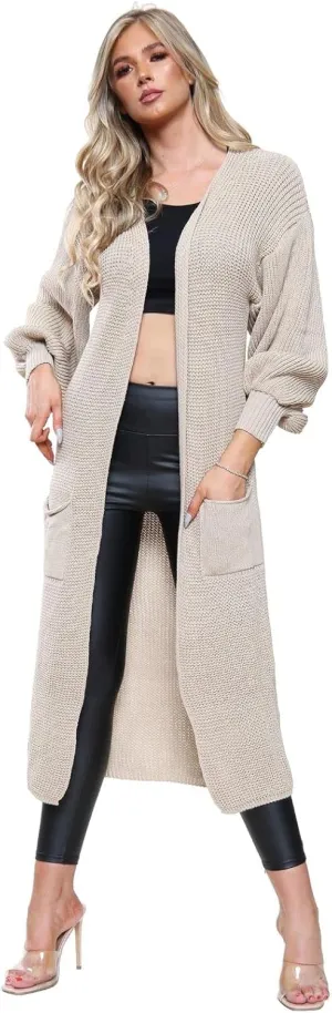 Janisramone Womens Knitted Chunky Cardigan, Open Front Balloon Sleeve Maxi Cardigan, Long Jumpers, Warm Coatigan Sweaters Stone