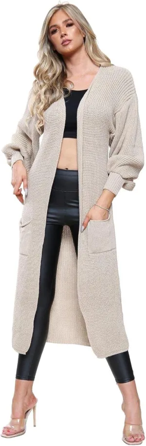Janisramone Womens Knitted Chunky Cardigan, Open Front Balloon Sleeve Maxi Cardigan, Long Jumpers, Warm Coatigan Sweaters Stone