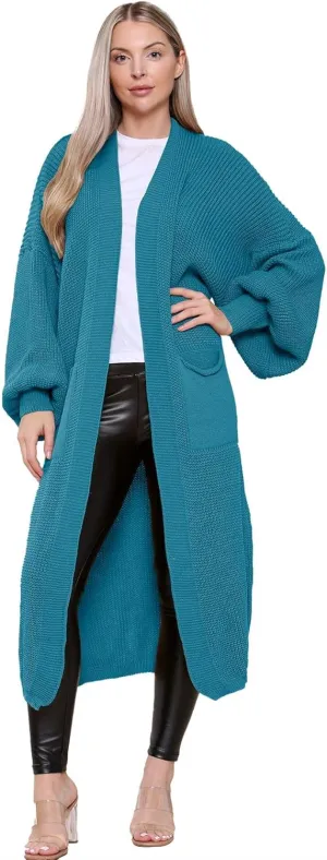 Janisramone Womens Knitted Chunky Cardigan, Open Front Balloon Sleeve Maxi Cardigan, Long Jumpers, Warm Coatigan Sweaters Teal