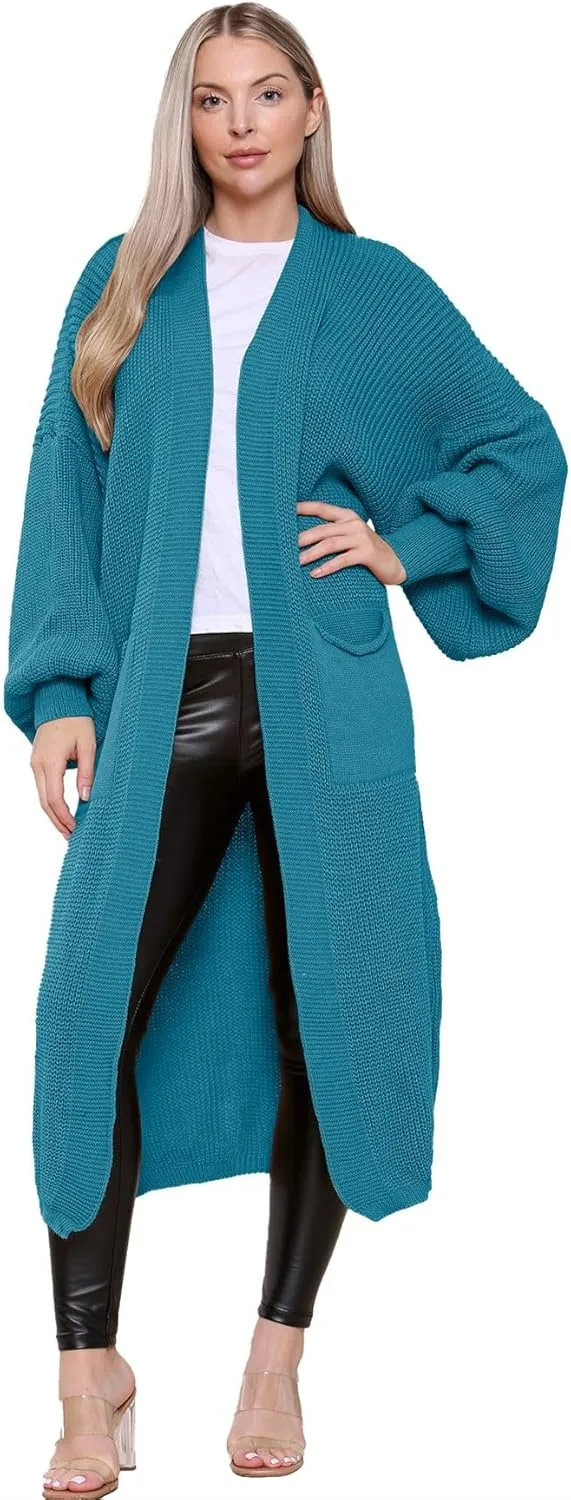 Janisramone Womens Knitted Chunky Cardigan, Open Front Balloon Sleeve Maxi Cardigan, Long Jumpers, Warm Coatigan Sweaters Teal