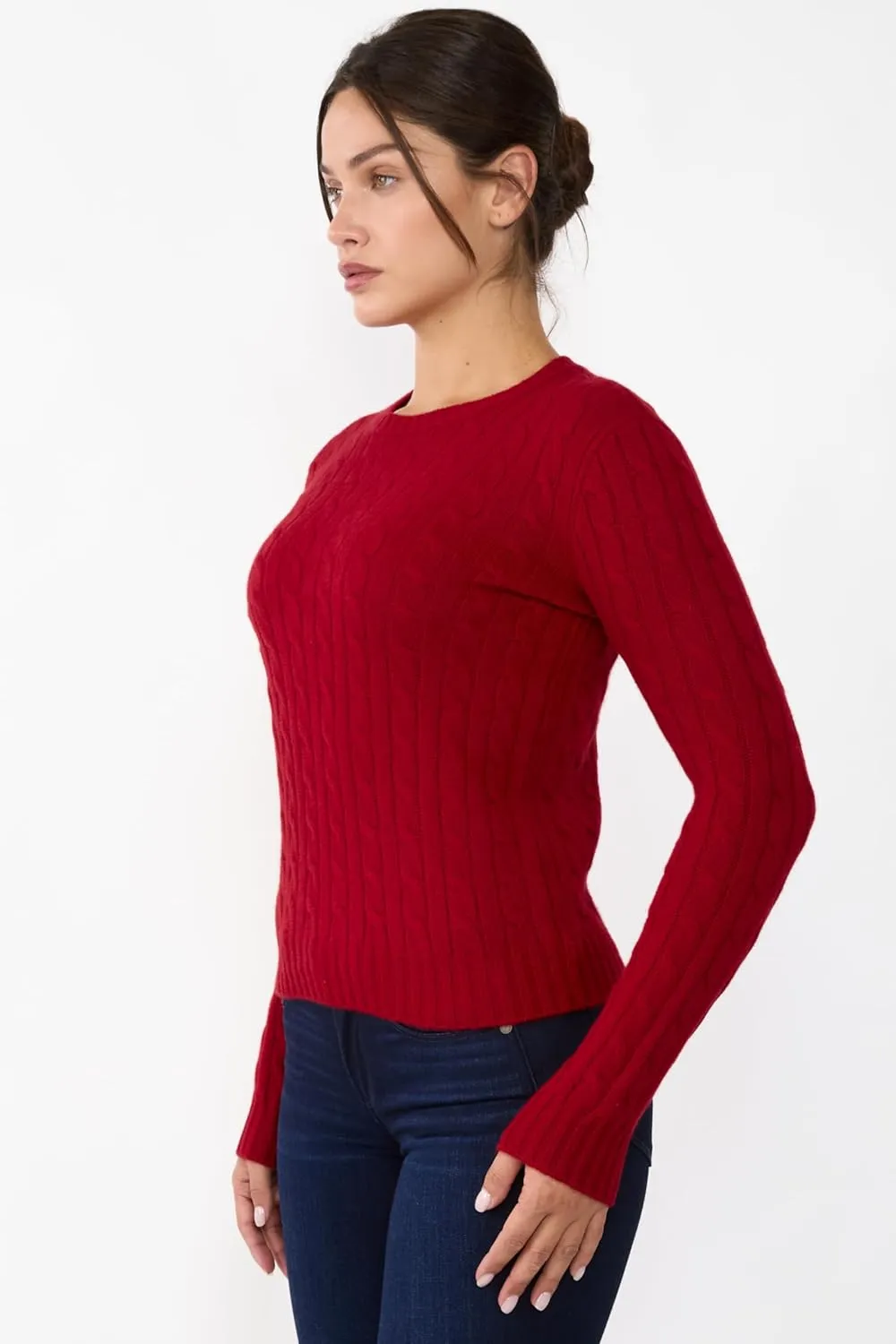 JENNIE LIU 100% Cashmere Crewneck Sweater | Chuncky Cashmere Cable-Knit Sweaters for Women