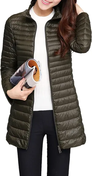 JEsilunmaMY Lightweight Puffer Jacket for Women Zip Up Long Sleeve Slim Fit Down Coats Mid Length Fall Winter Packable Coat (Green,3X-Large)