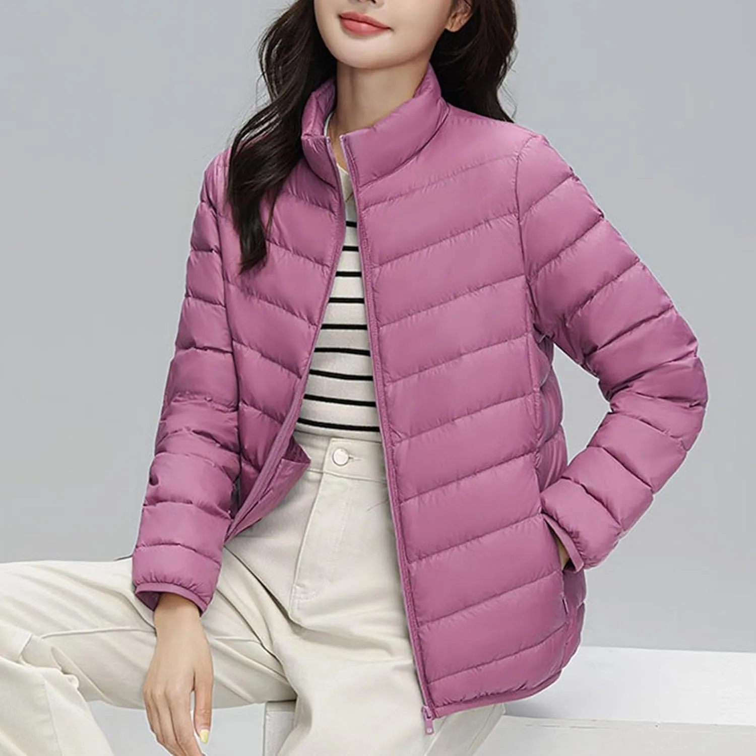 JEsilunmaMY Women's Stand Collar Duck Down Jacket Lightweight Long Sleeve Insulated Puffer Jacket Warm Winter Quilted Coat