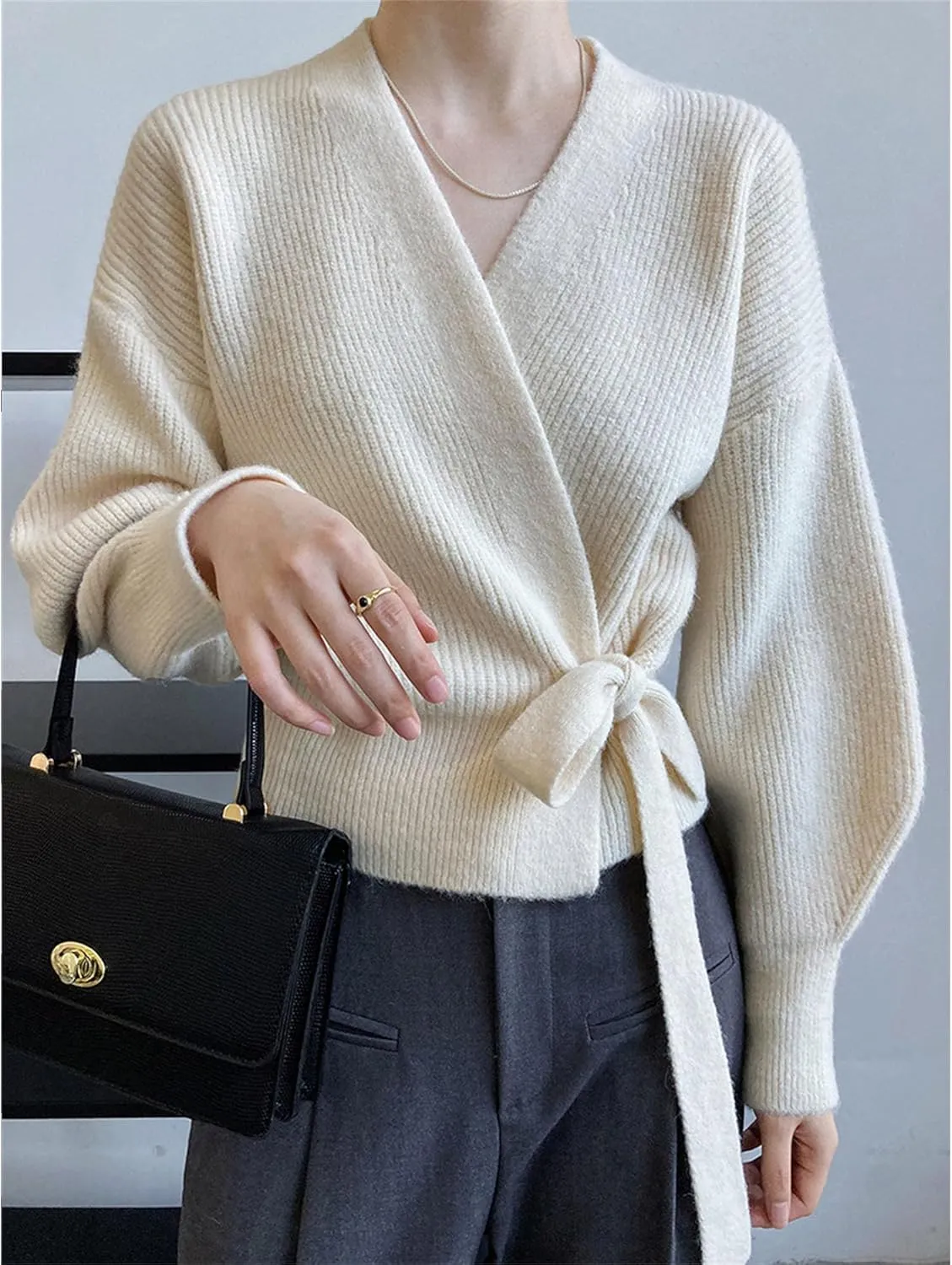 JEsilunmaMY Women's Tie Waist Wrap V Neck Sweaters Long Sleeve Cute Knitted Crop Tops Solid Fall Trendy Knitwear Cardigan
