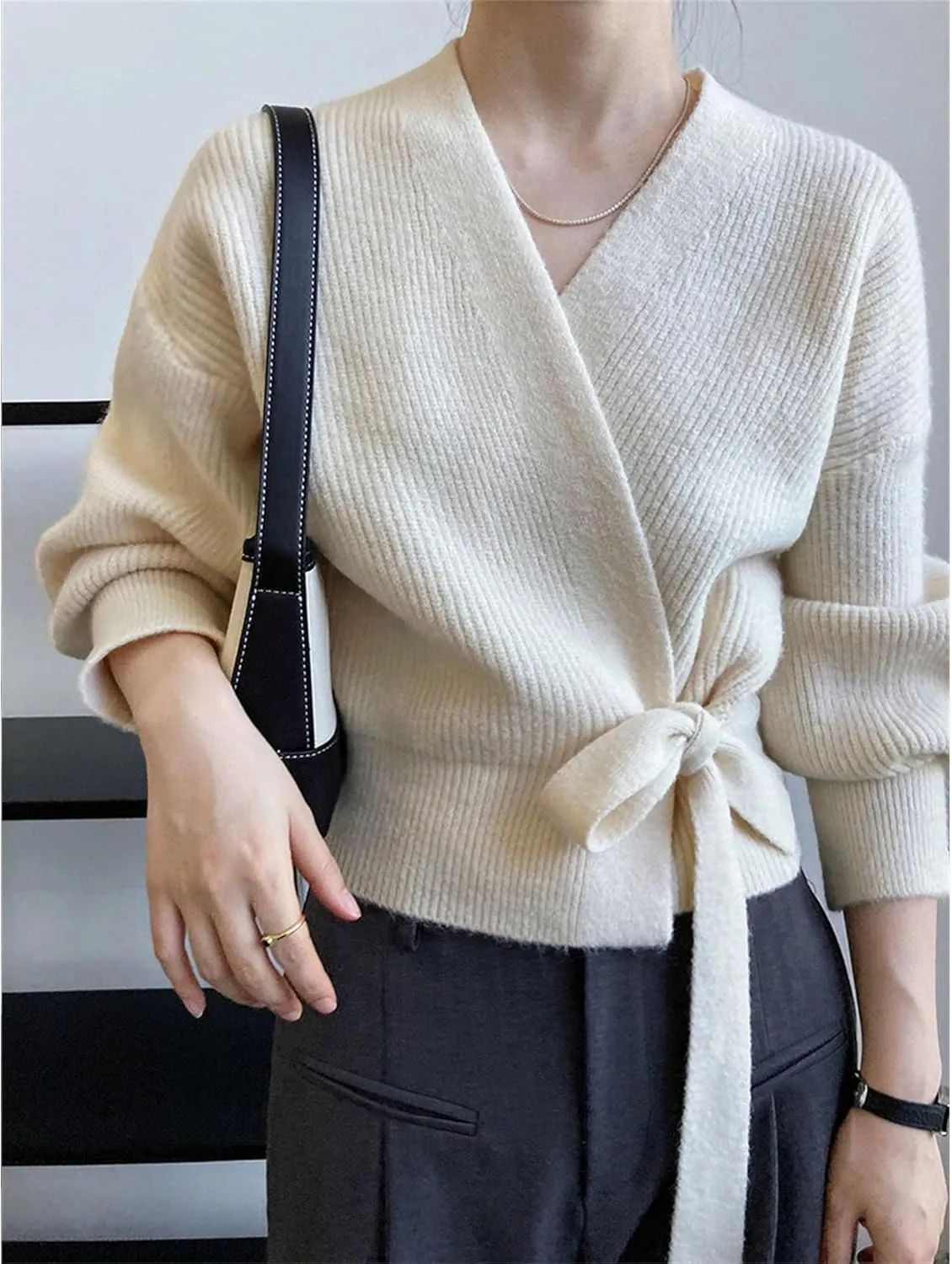 JEsilunmaMY Women's Tie Waist Wrap V Neck Sweaters Long Sleeve Cute Knitted Crop Tops Solid Fall Trendy Knitwear Cardigan