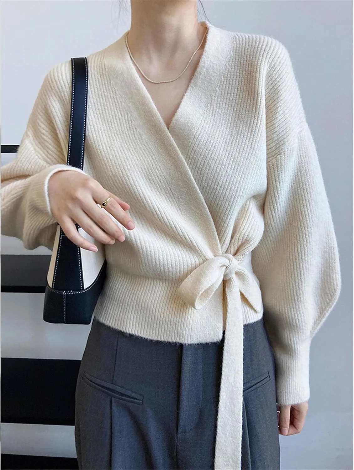 JEsilunmaMY Women's Tie Waist Wrap V Neck Sweaters Long Sleeve Cute Knitted Crop Tops Solid Fall Trendy Knitwear Cardigan