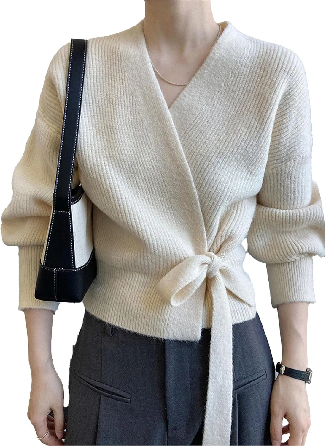 JEsilunmaMY Women's Tie Waist Wrap V Neck Sweaters Long Sleeve Cute Knitted Crop Tops Solid Fall Trendy Knitwear Cardigan