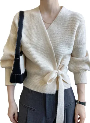 JEsilunmaMY Women's Tie Waist Wrap V Neck Sweaters Long Sleeve Cute Knitted Crop Tops Solid Fall Trendy Knitwear Cardigan