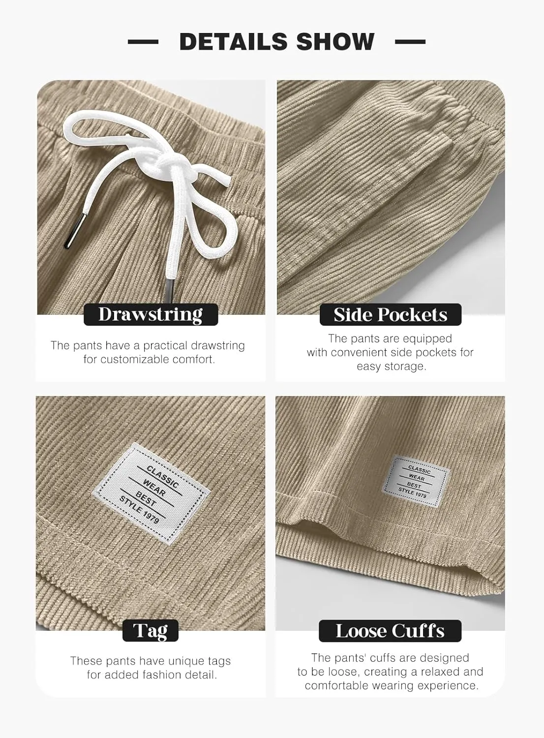 JMIERR Men's Corduroy Shorts Casual Elastic Waist Drawstring Lightweight Summer Beach Shorts