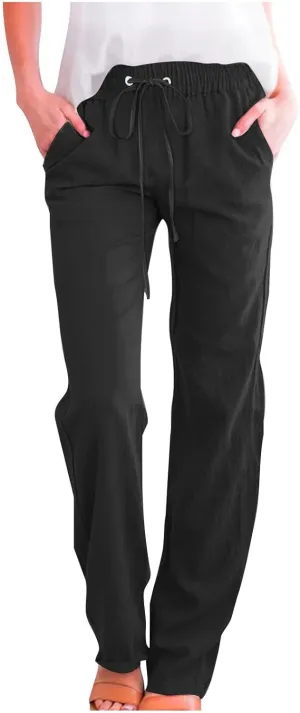JOAU Pants for Women Casual 2024 Summer Drawstring Elastic High Waist Cotton Linen Pants Straight Wide Leg Pockets Trouser