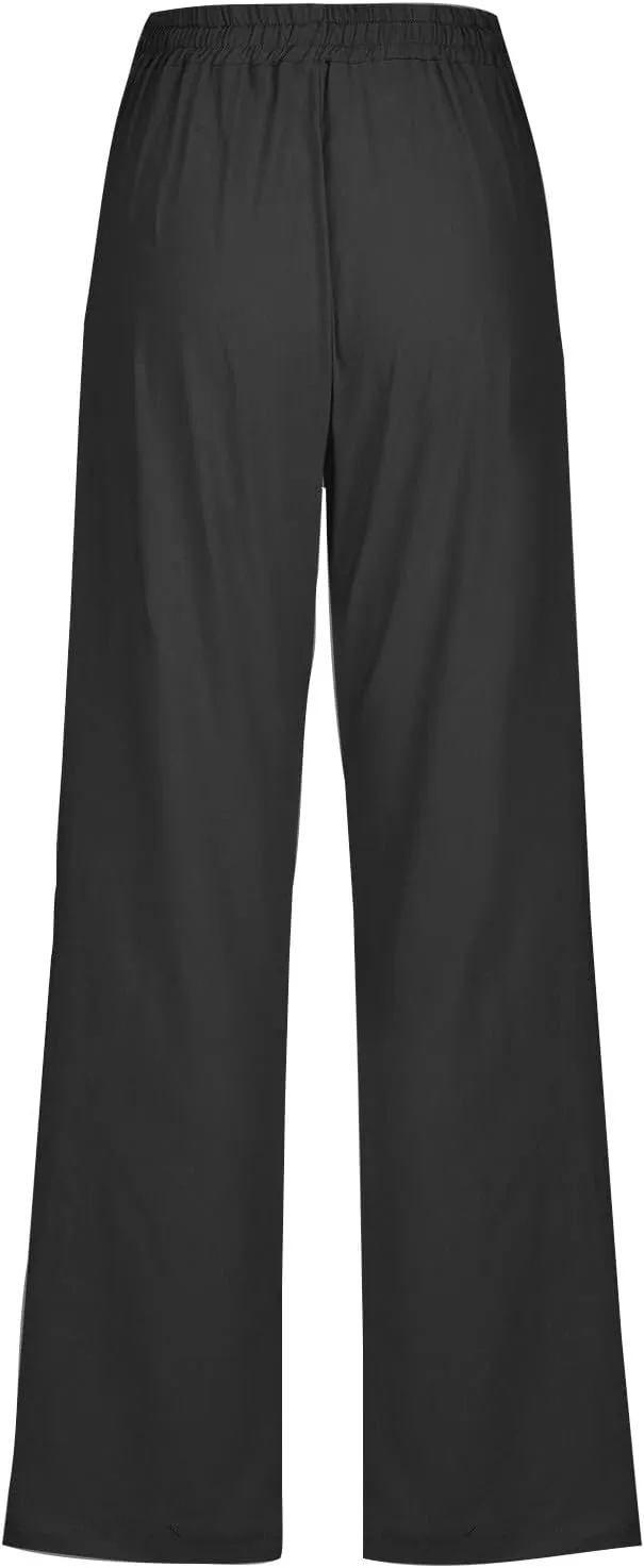 JOAU Pants for Women Casual 2024 Summer Drawstring Elastic High Waist Cotton Linen Pants Straight Wide Leg Pockets Trouser